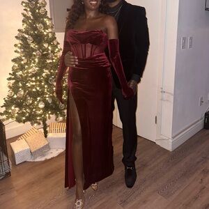 Burgundy Velvet Dress and Gloves from Miss Circle